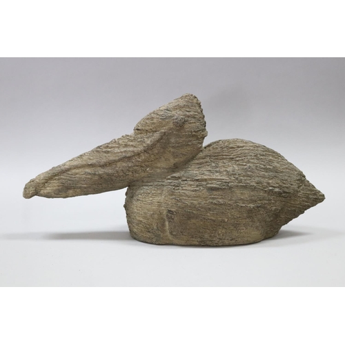 163 - Decorative composite Pelican figure, Morgan & Finch label to base, approx 21cm H x 43cm L