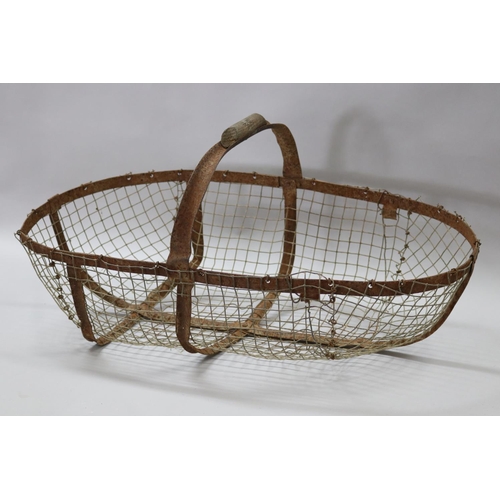 172 - Old French wirework flower pickers basket, approx 34cm H (including handle) x 67cm W x 37cm D