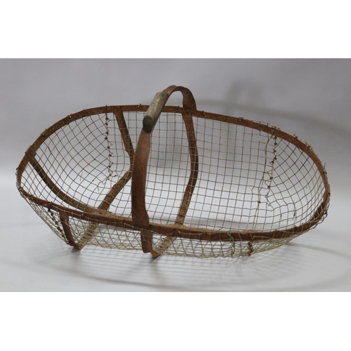 173 - Old French wirework flower pickers basket, approx 37cm H (including handle) x 67cm W x 38cm D