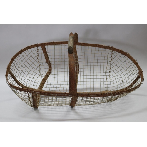 173 - Old French wirework flower pickers basket, approx 37cm H (including handle) x 67cm W x 38cm D