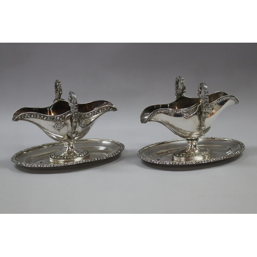 199 - Similar pair of antique French Louis style Jean Francois Veyrat pedestal sauce boats on trays, both ... 