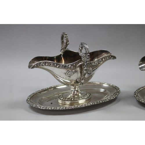 199 - Similar pair of antique French Louis style Jean Francois Veyrat pedestal sauce boats on trays, both ... 