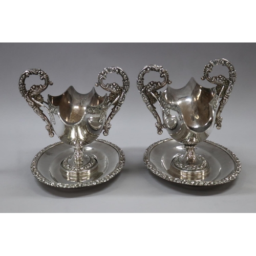 199 - Similar pair of antique French Louis style Jean Francois Veyrat pedestal sauce boats on trays, both ... 