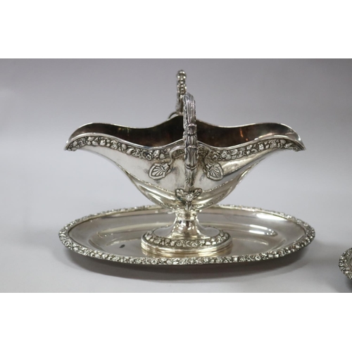 199 - Similar pair of antique French Louis style Jean Francois Veyrat pedestal sauce boats on trays, both ... 