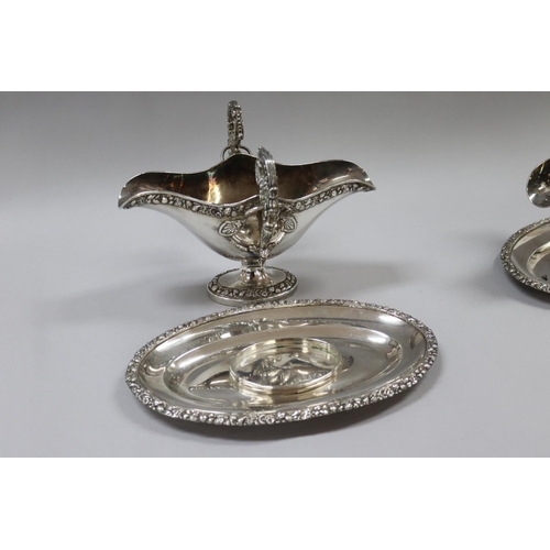 199 - Similar pair of antique French Louis style Jean Francois Veyrat pedestal sauce boats on trays, both ... 