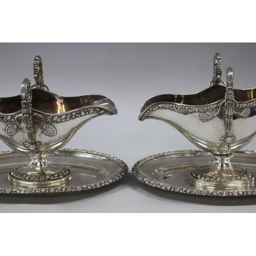 199 - Similar pair of antique French Louis style Jean Francois Veyrat pedestal sauce boats on trays, both ... 