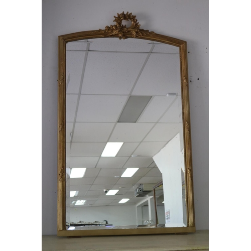 201 - Antique French gilt salon mirror, decorated with central laurel crest, approx 152cm H x 92cm W