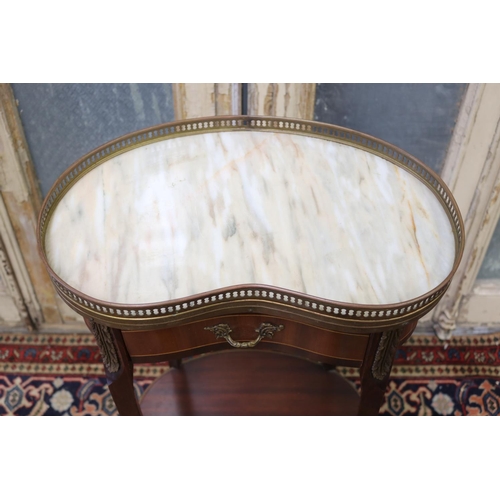 205 - Vintage French Louis XV style marble topped kidney shaped salon table, with single drawer, pierced g... 