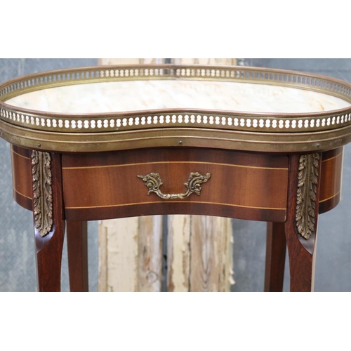 205 - Vintage French Louis XV style marble topped kidney shaped salon table, with single drawer, pierced g... 
