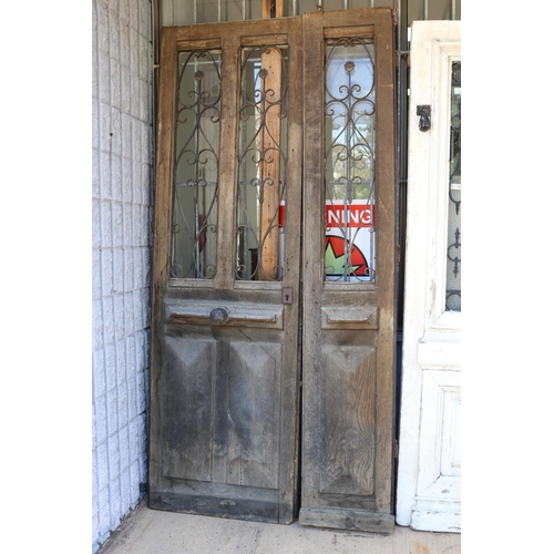 210 - Antique French double door entrance doors, wrought iron scrolling decoration, total approx 229cm H x... 