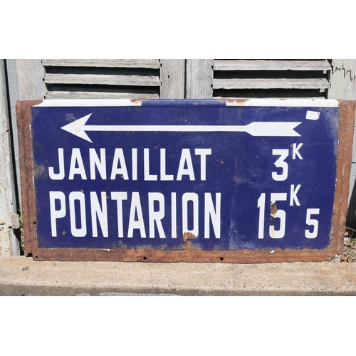 214 - Old French enamel road sign, Janaillat & Pontarion, approx 53cm H x 105cm W