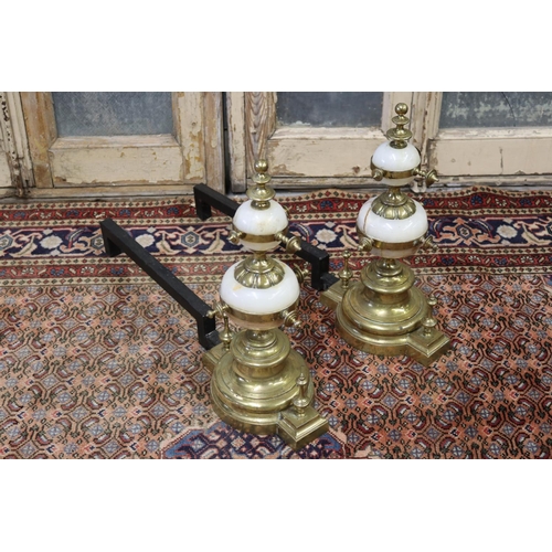 218 - Pair of French alabaster & brass ball form andirons, each approx 44cm H x 66cm L (2)