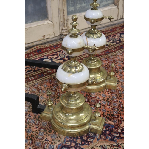 218 - Pair of French alabaster & brass ball form andirons, each approx 44cm H x 66cm L (2)
