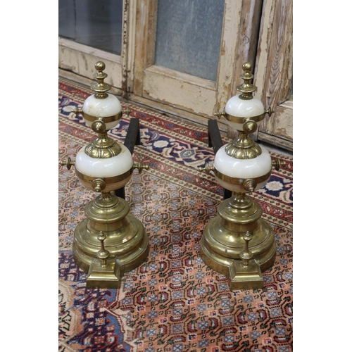 218 - Pair of French alabaster & brass ball form andirons, each approx 44cm H x 66cm L (2)