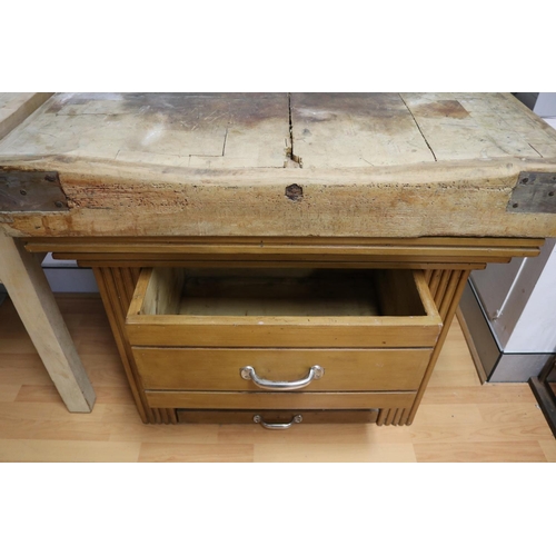 219 - Vintage French wooden butchers chopping block table, single drawer & a pull out door section to base... 