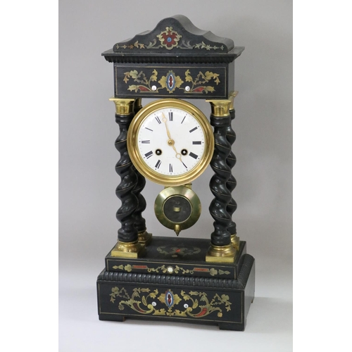 22 - Antique French Napoleon III portico mantle clock, brass, mother of pearl & other inlay decorated, ha... 