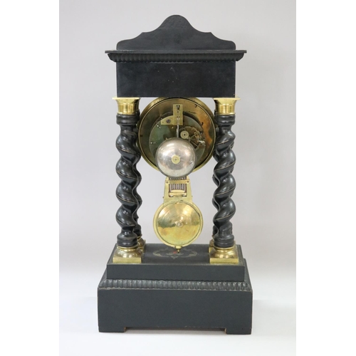 22 - Antique French Napoleon III portico mantle clock, brass, mother of pearl & other inlay decorated, ha... 