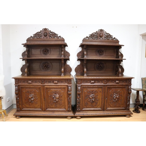 220 - Pair of impressive antique French Henri II Renaissance revival buffet sideboards with shelf backboar... 