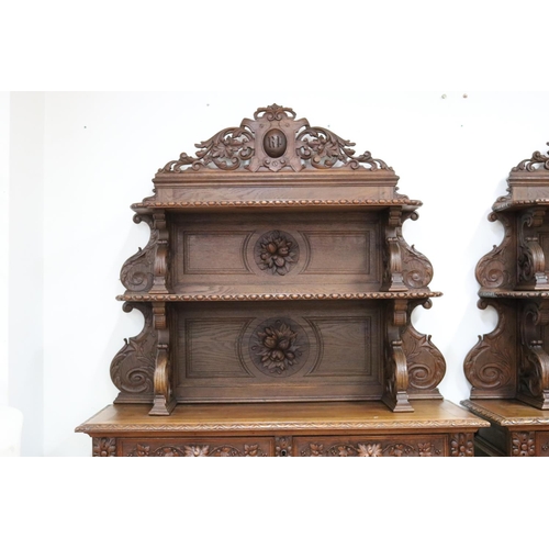 220 - Pair of impressive antique French Henri II Renaissance revival buffet sideboards with shelf backboar... 