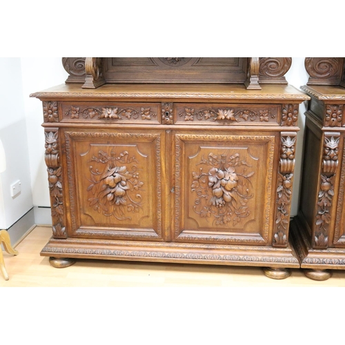 220 - Pair of impressive antique French Henri II Renaissance revival buffet sideboards with shelf backboar... 