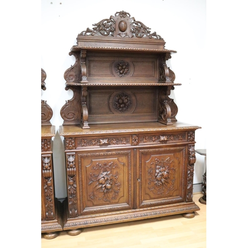 220 - Pair of impressive antique French Henri II Renaissance revival buffet sideboards with shelf backboar... 