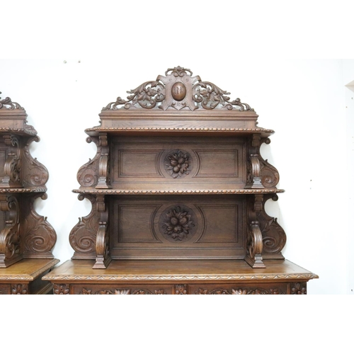 220 - Pair of impressive antique French Henri II Renaissance revival buffet sideboards with shelf backboar... 