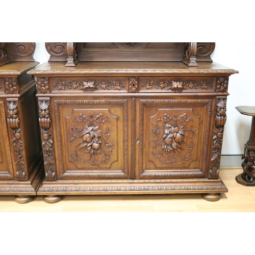 220 - Pair of impressive antique French Henri II Renaissance revival buffet sideboards with shelf backboar... 