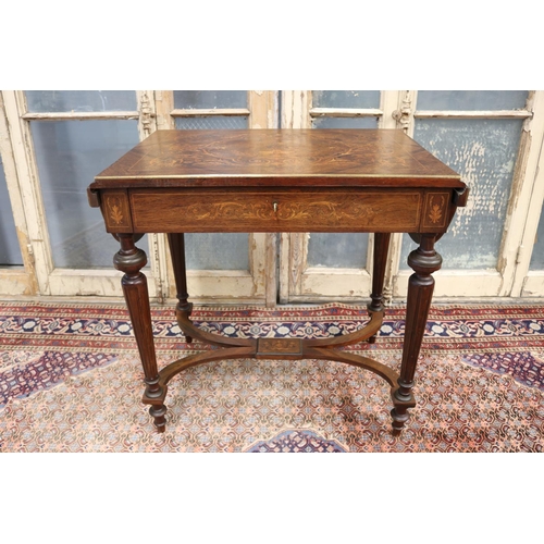 26 - Fine antique French Napoleon III salon table, with shaped side flaps, single drawer, standing on X f... 