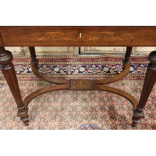 26 - Fine antique French Napoleon III salon table, with shaped side flaps, single drawer, standing on X f... 