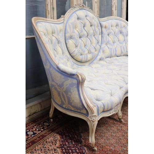 30 - Antique French Louis XV style shaped back settee, painted frame with deep button upholstery, all on ... 