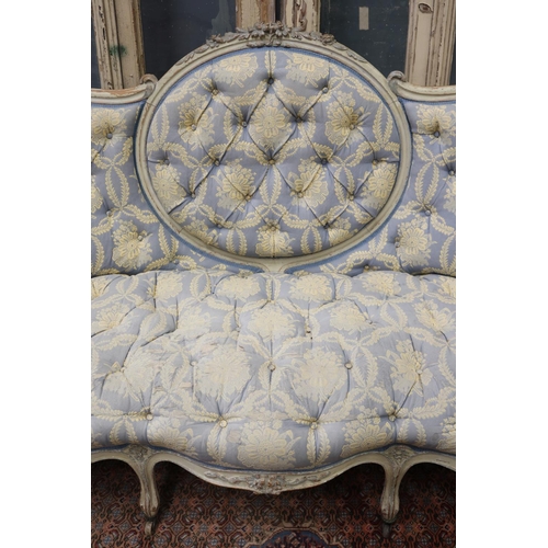 30 - Antique French Louis XV style shaped back settee, painted frame with deep button upholstery, all on ... 