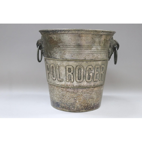 35 - Old French Pol Roger champagne bucket, double sided, approx 20cm H x 20cm dia (excluding handles)