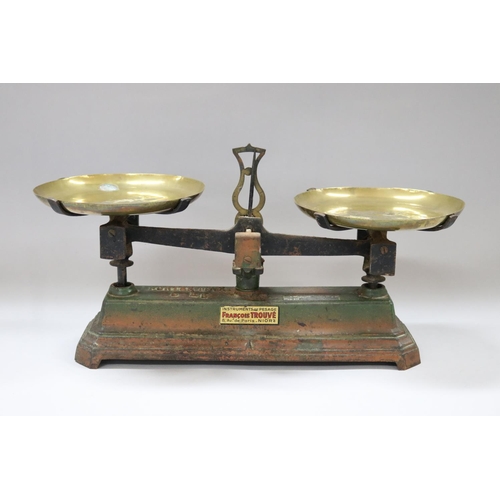 36 - Set of old French weighing scales, with Government issue stamps, approx 23cm H x 45cm W x 18cm D