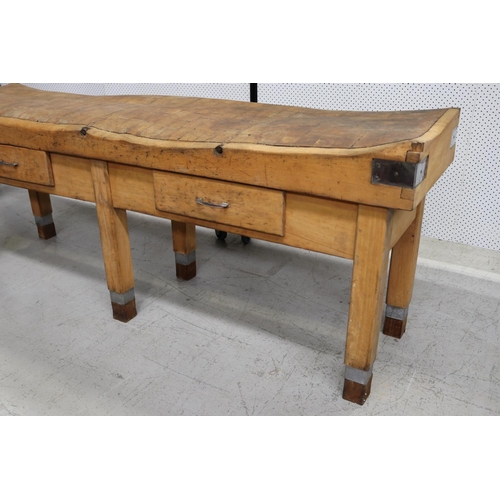 39 - Rare impressive French long wooden chopping block table of large size, approx 93cm H x 240cm W x 61c... 