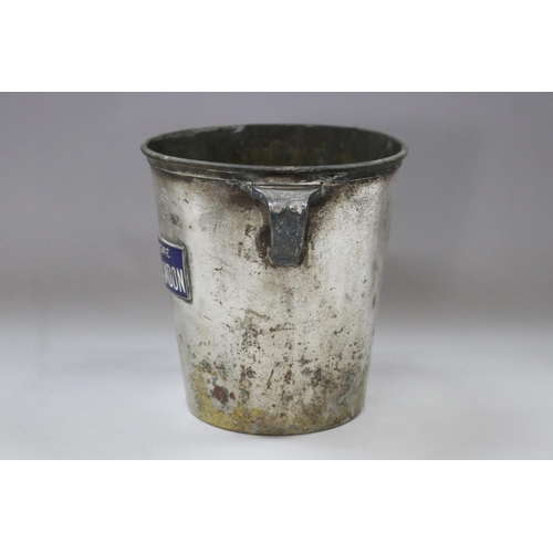 4 - Old French pewter twin handled champagne bucket, with applied blue enamel plaque 