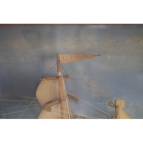 47 - Old French La Frigate three mast cased diorama, approx 42cm H x 63cm W x 21.5cm D