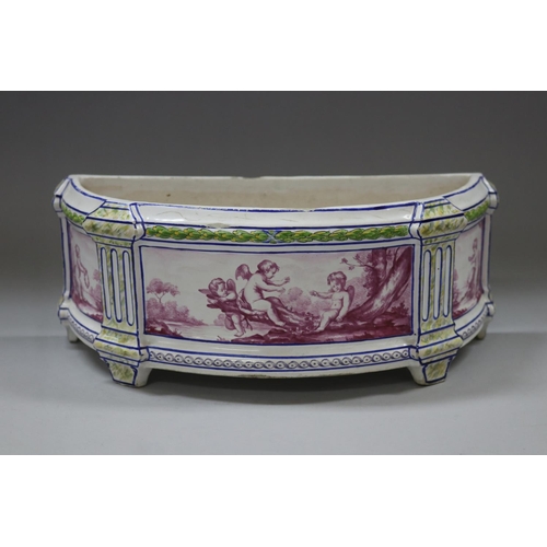 51 - Antique Sceaux French Faience footed demilune planter, hand painted with putti panels, signed to bas... 