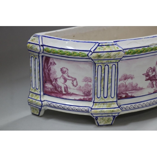 51 - Antique Sceaux French Faience footed demilune planter, hand painted with putti panels, signed to bas... 