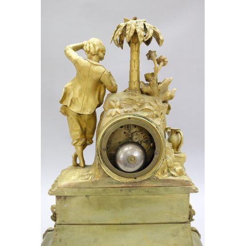 54 - Fine antique 19th century French gilt bronze figural mantle clock, young gent leaning against palm t... 