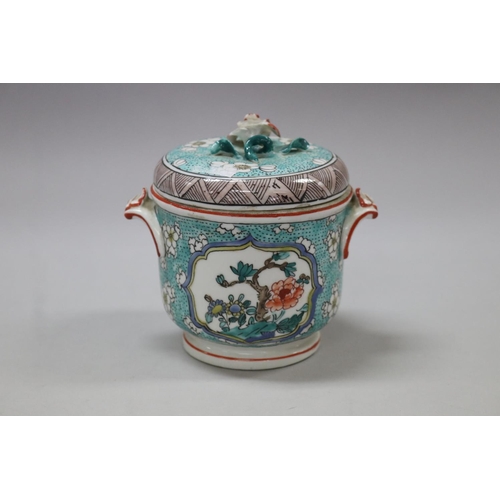 57 - Antique French Samson famille verde lidded porcelain pot, encrusted flower finial lid, signed to bas... 