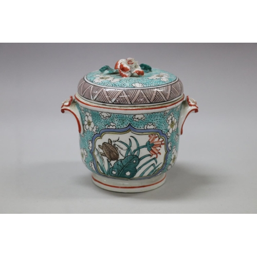 57 - Antique French Samson famille verde lidded porcelain pot, encrusted flower finial lid, signed to bas... 