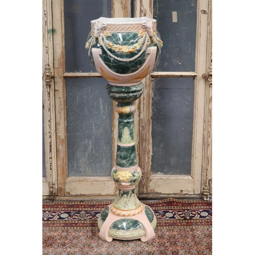 6 - Antique French Art Nouveau majolica glazed pottery jardiniere on stand, both pieces unmarked, total ... 