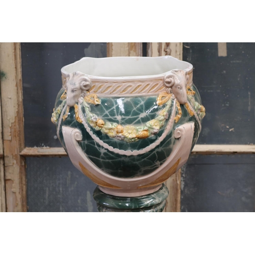 6 - Antique French Art Nouveau majolica glazed pottery jardiniere on stand, both pieces unmarked, total ... 