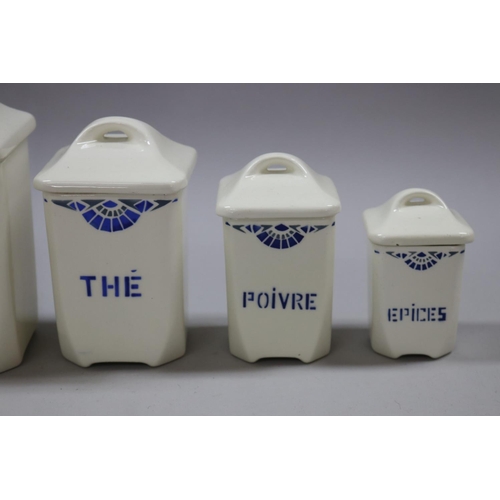 62 - Badonviller Thouars kitchen canister set, marked to base, approx 21cm H x 12cm sq & smaller (6)