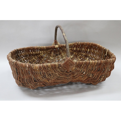 64 - Old French wicker flower pickers basket, approx 35cm H (including handle) x 61cm W x 39cm D