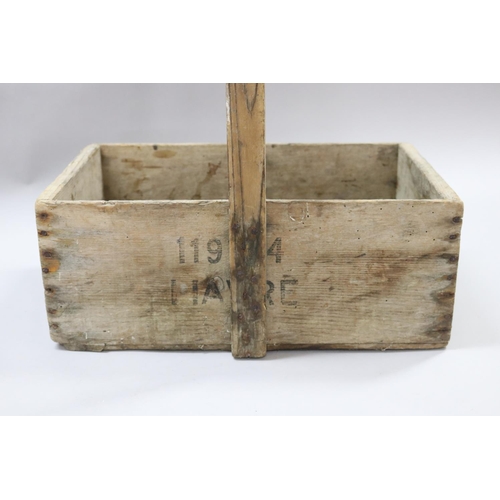 66 - Vintage French wooden box made into basket, approx 30cm H (including handle) x 39cm W x 27cm D