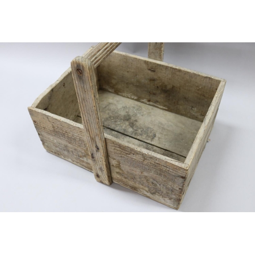 67 - Vintage French wooden box made into basket, approx 30cm H (including handle) x 33cm W x 27cm D