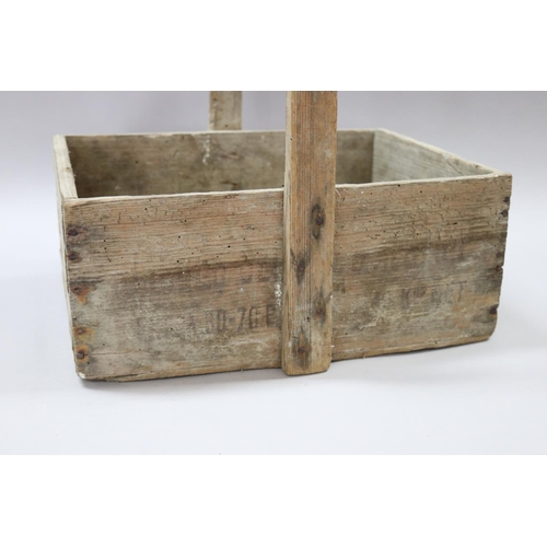 68 - Vintage French wooden box made into basket, approx 30cm H (including handle) x 33cm W x 27cm D