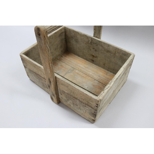 68 - Vintage French wooden box made into basket, approx 30cm H (including handle) x 33cm W x 27cm D