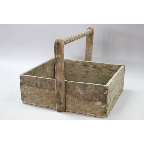 69 - Vintage French wooden box made into basket, approx 29cm H (including handle) x 37cm W x 34cm D